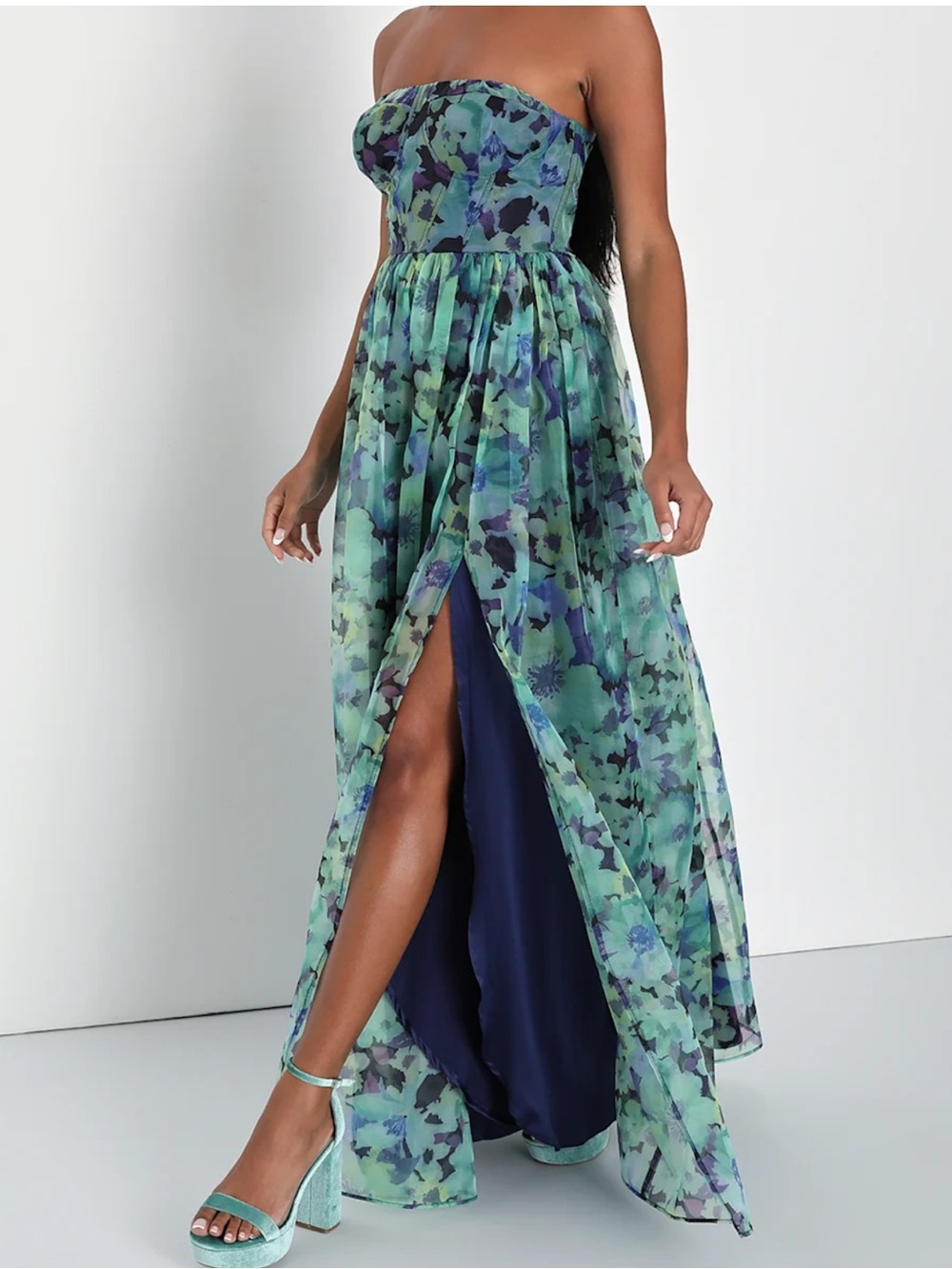 Lulus NWT Wonderful Waltz Green Floral Print Strapless Bustier Maxi Dress XS